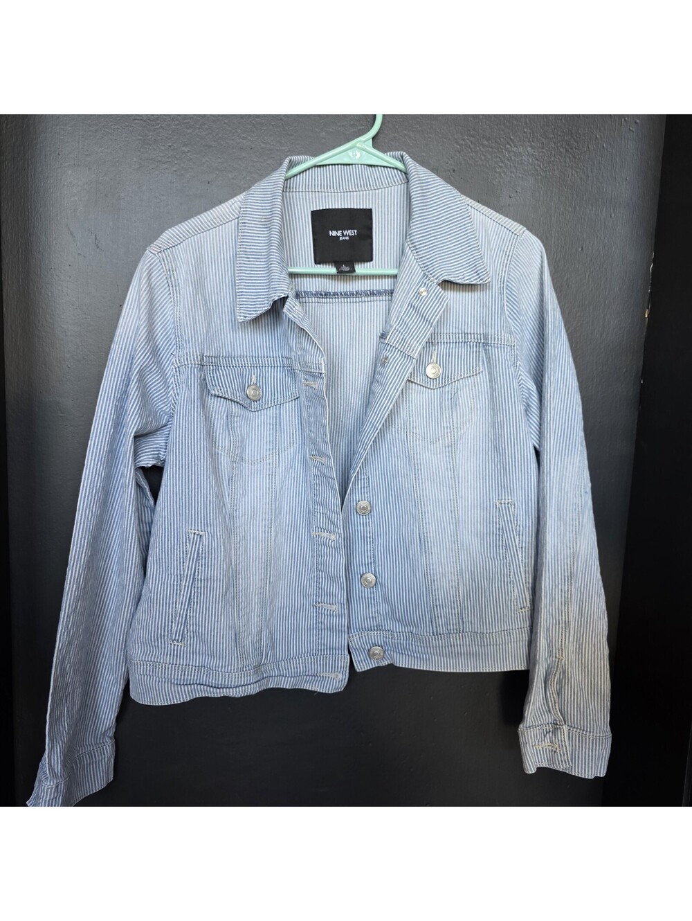 Nine West Women's Blue Denim Railroad Stripe Long Sleeve Jacket Size Large